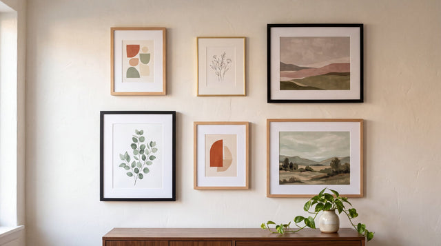 A curated gallery wall of framed art prints on a warm plaster wall in morning light